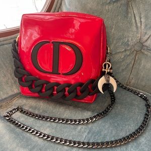Dior red sparkly, black acrylic chain, keychain & black chain strap purse.